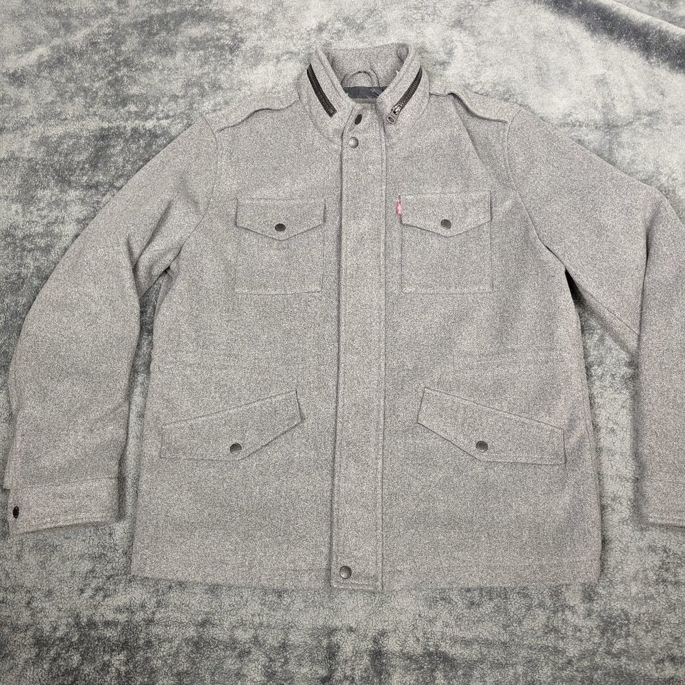 Levis Jacket Men Large Gray Long Sleeve Wool Blend Quilt Lined Hood Utility Coat